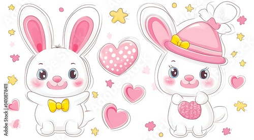 design cute animal sticker wear suite with line color style more action in white background isolated on white,clip art ,remain space between border each corner and rainbow and toy and hat and heart

