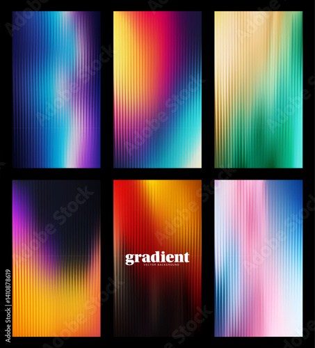 Ripple glass distortion background set. Collection Vertical Abstract fractal effect ribbed glass texture with vibrant gradients. Reeded Bold dynamic design blending futuristic tones vector bg.