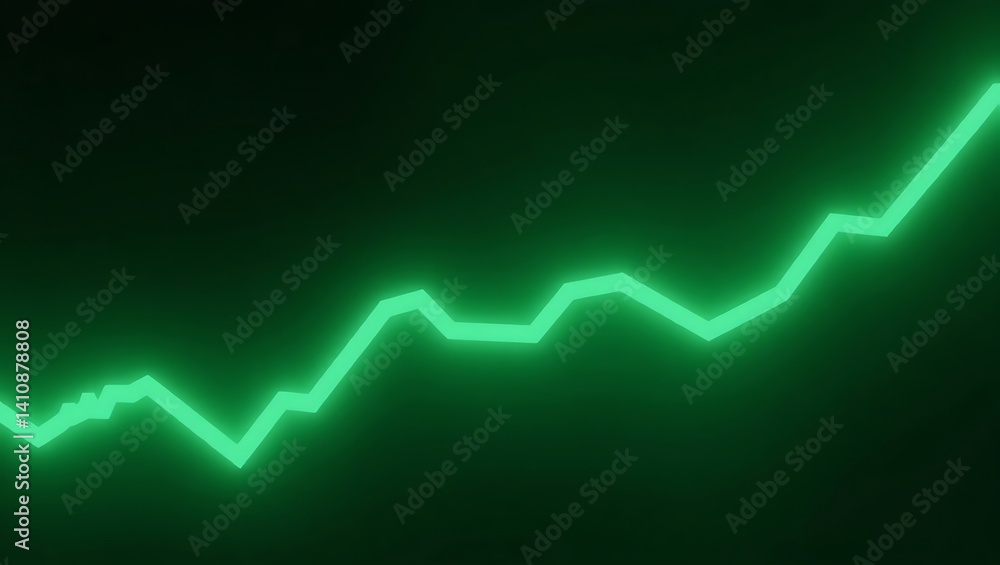 Naklejka premium A green glowing line graph trending upwards on a dark green background with jagged edges and sharp turns