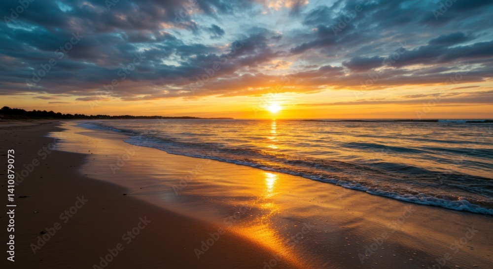 Obraz premium Wet sandy beach glowing under golden evening light and smooth ocean ripples.