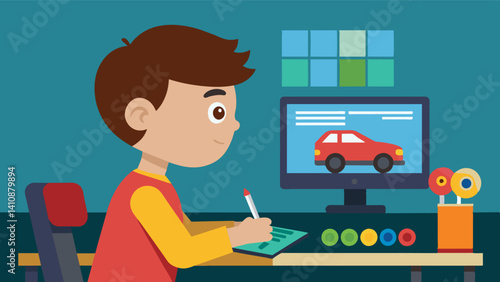 A child engrossed in designing a complex toy car utilizing the various tools and features of 3D modeling software to perfect every detail.. Vector illustration