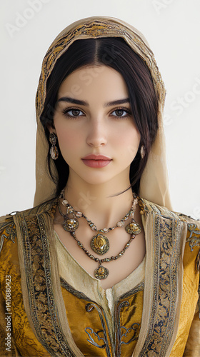 Obraz na płótnie A girl with attractive dark straight hair is adorned with stylish Ottoman Empire clothing w salonie