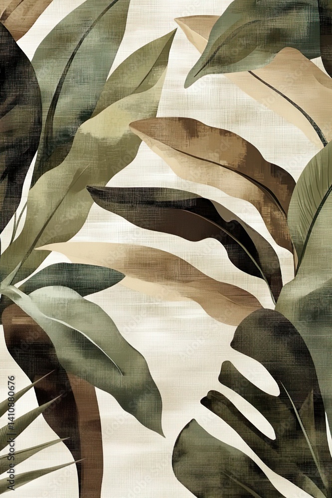A printed design that is completely seamless and features brushed illustrations of banana leaves and tropical plants