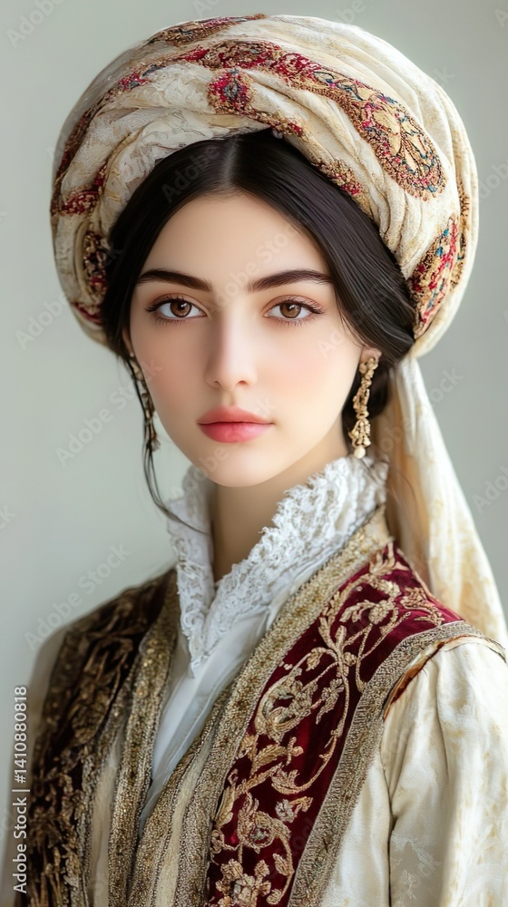 A cute girl with long, straight hair is dressed in Ottoman Empire-inspired clothing and has a stunning white cape adorning her head.