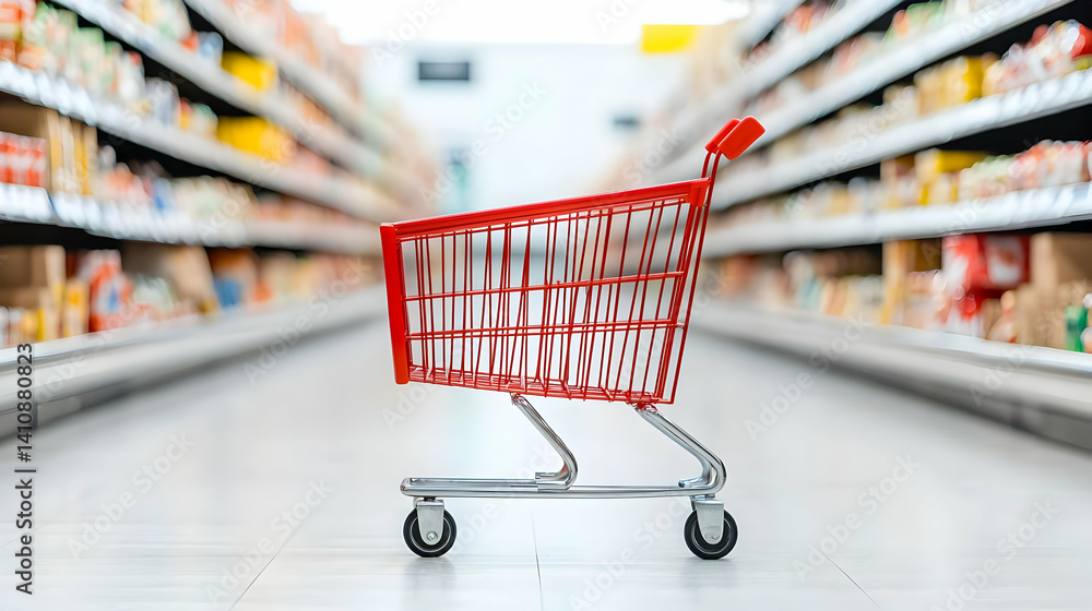 Red Shopping Cart In Grocery Store Aisles Red Shopping Cart In Grocery Store Aisles