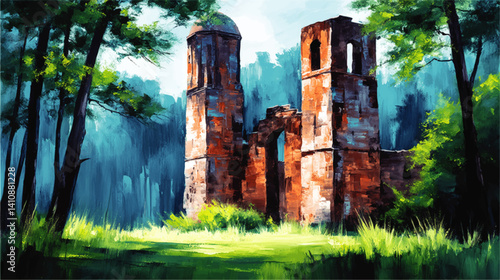 Enchanting Vector Illustration of Ancient Ruined Castle Surrounded by Mystical Forest Landscape Dramatic Historical Structure Art for Adventure Fantasy Background