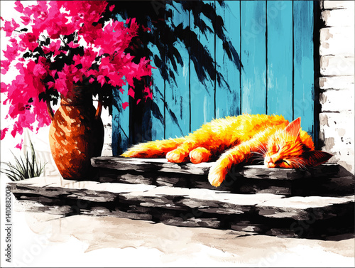 Relaxing Painting of Orange Cat Sleeping Peacefully on Rustic Stone Steps with Blue Wooden Door Background and Vibrant Pink Flowers in Elegant Pot Vector Image Design