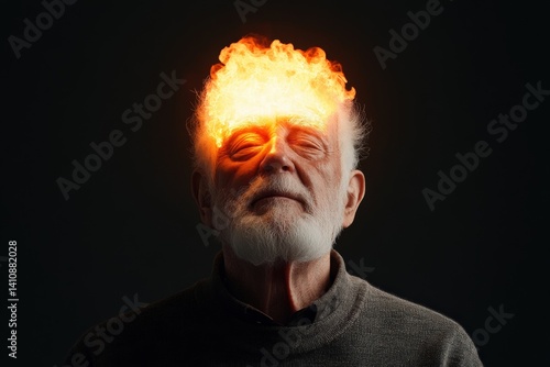 Man's head on fire concept