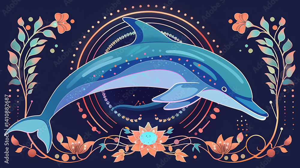 Obraz premium Decorative dolphin illustration with ocean marine life and floral dark blue background, boho sea animal print for t-shirt or poster design
