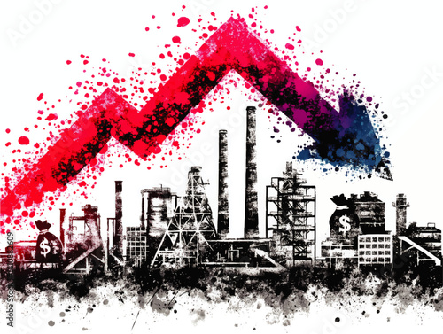 Economic Crisis Vector Illustration with Falling Arrow Over Industrial Factory Silhouette Money Bags Financial Loss Abstract Graphic Design Concept for Market Decline