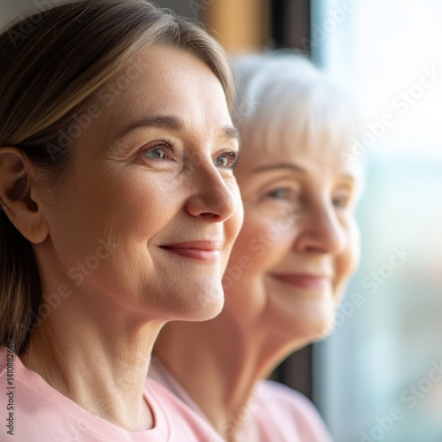Mother and daughter looking ahead