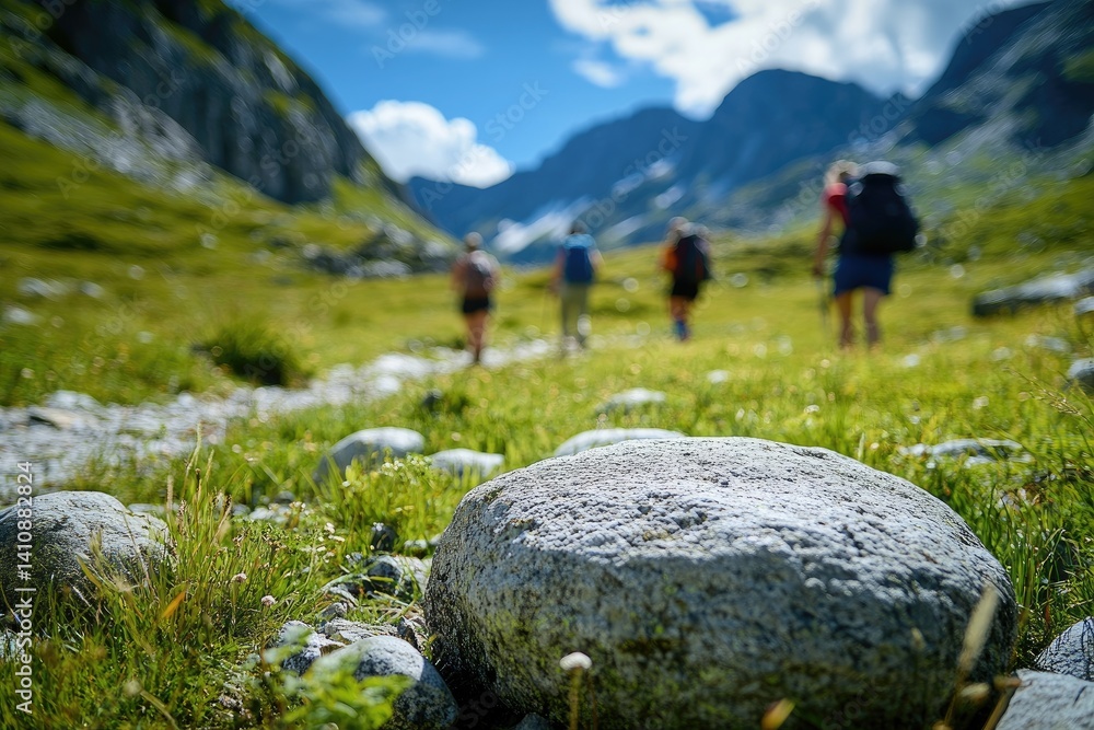 Fototapeta premium Hikers traversing a scenic alpine meadow