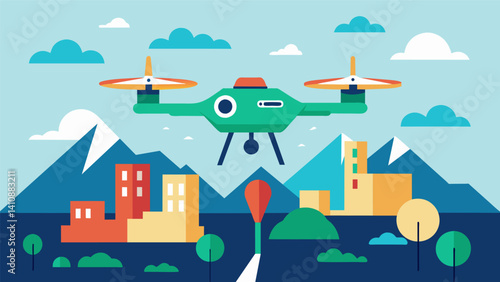 An AIpowered drone scans the landscape collecting and synthesizing data in realtime to create accurate maps and models for urban planning and disaster management.. Vector illustration