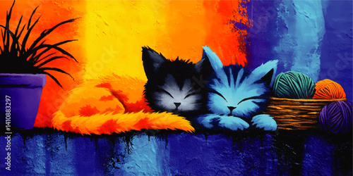 Colorful Artistic Vector Image of Two Sleeping Cats with Vibrant Yarn Balls in Basket Bright Cozy Abstract Art Illustration for Decor Posters and Wall Art Home Design