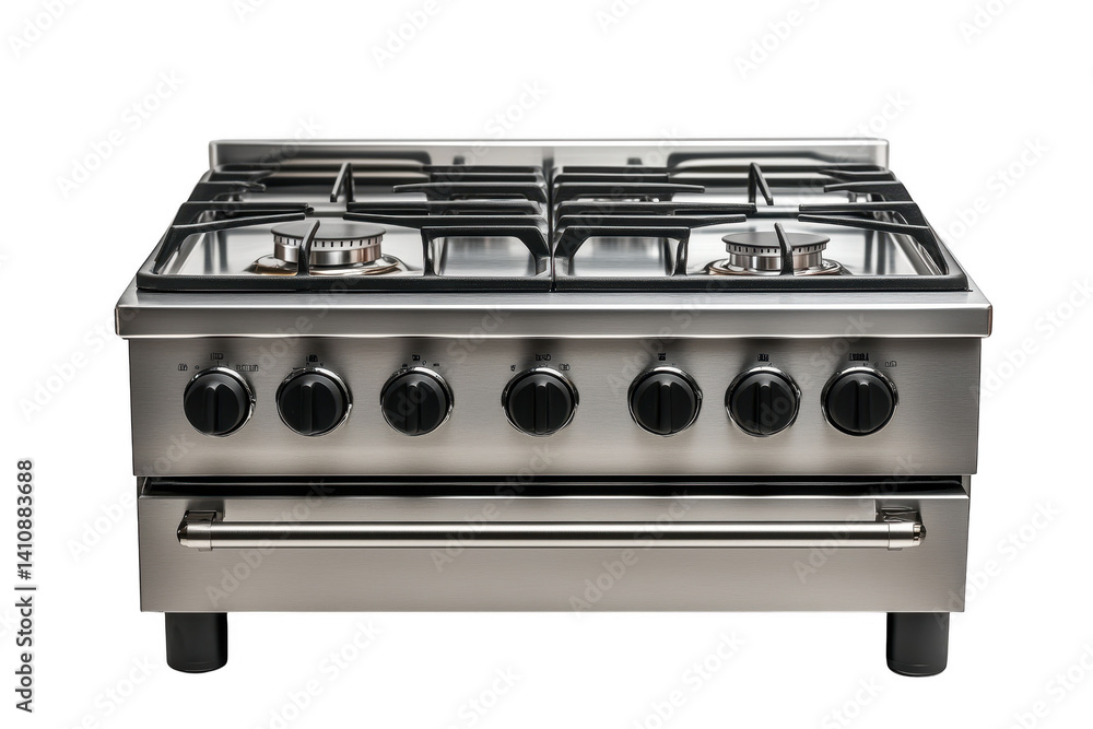 Obraz premium Stainless Steel Gas Stove with Black Knobs on Transparent Background