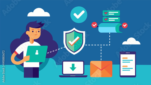 An animation of a data transfer being intercepted by a network security protocol which then verifies the senders credentials before allowing it to continue.. Vector illustration