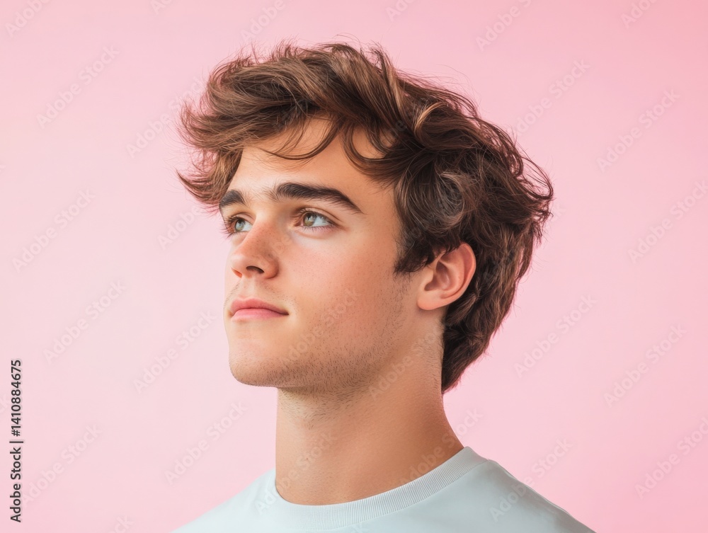Fototapeta premium Man looking up, pink background