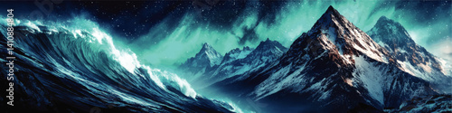 Stunning Vector Illustration of Majestic Snowcapped Mountain Peaks with Vibrant Northern Lights Aurora Borealis Over Giant Dramatic Ocean Waves Under Starry Sky
