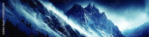 Stunning Majestic Snowy Alpine Mountains Landscape Vector Illustration with Powerful Avalanche and Pine Forest under Dramatic Blue Sky for Nature Adventure Background