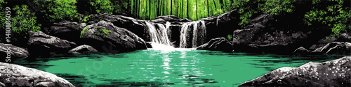 Breathtaking Vector Illustration of Cascading Waterfall into Crystal Clear Turquoise Pool Surrounded by Green Bamboo Forest and Rocky Landscapes Nature Scene Art