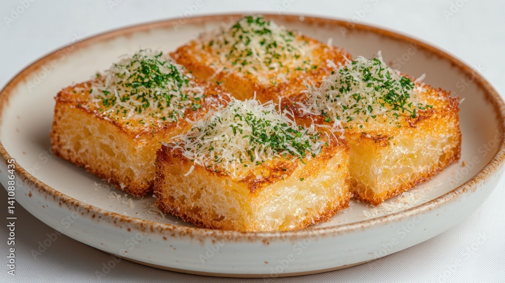 golden garlic bread slices garnished with Parmesan shavings golden garlic bread slices garnished with Parmesan shavings