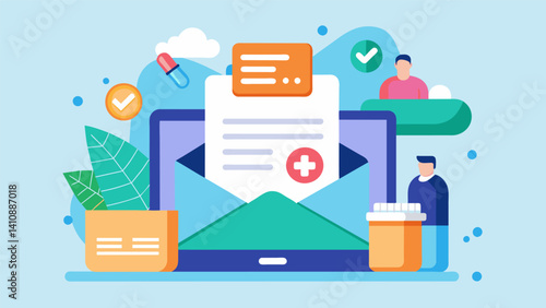 A promotional email from an online pharmacy featuring personalized medication recommendations based on the users prescription history and health conditions.. Vector illustration