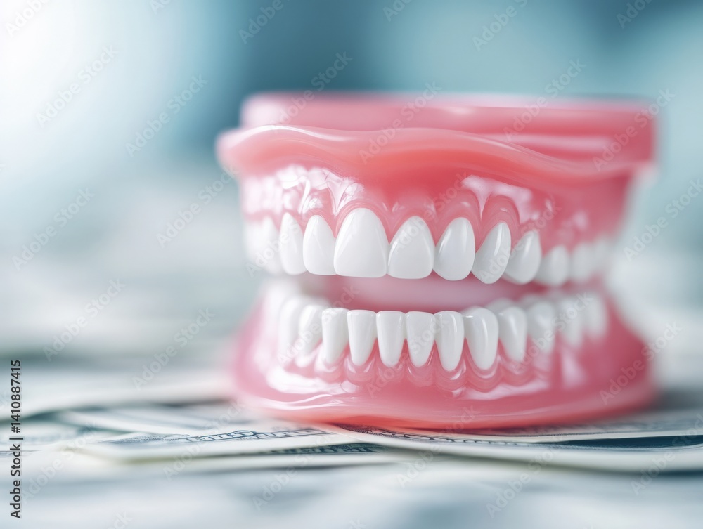 Fototapeta premium Dentures sit on top of money
