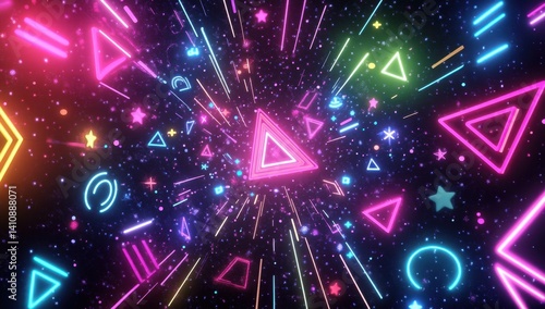Fototapeta Naklejka Na Ścianę i Meble -  90s-style background pattern with neon colors and geometric shapes like triangles, circles, squares, and arrows in an illuminated space Generative AI