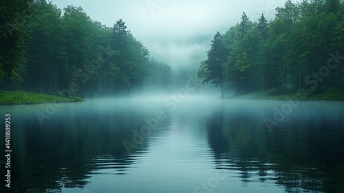 Misty Lake Surrounded By Forest Reflections On Water Surface Beautiful Nature Photo