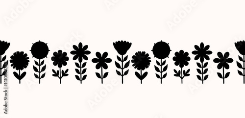 Seamless black and white border with flowers. Simple expressive plants in vintage Scandinavian folk style. Vector floral pattern. Print for printing, fabric, paper