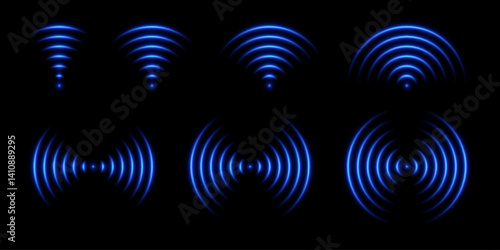 Sound wave light effect. Wifi signal glow. Neon radar sensor. Set with laser vector abstract elements.