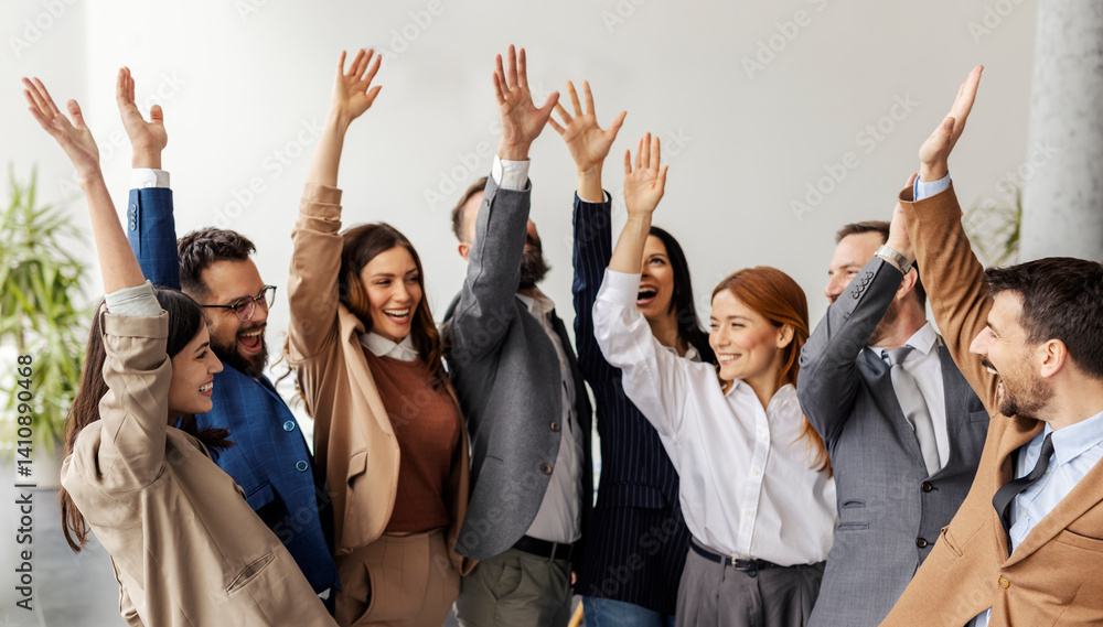 Group of professional businesspeople celebrating success at corporation. Group of professional businesspeople celebrating success at corporation.