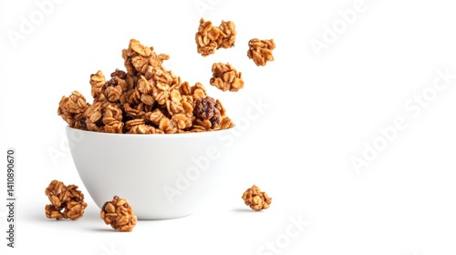 Granola spilling from a white bowl