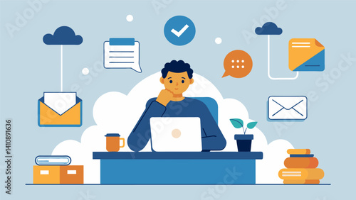 A person sitting at a desk surrounded by tered papers and devices with a thought bubble that reads How can I make sure my data is safe. Vector illustration