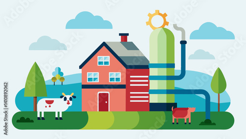Efficient heat pumps that use geothermal energy to regulate temperatures in livestock barns reducing energy costs and promoting animal welfare.. Vector illustration