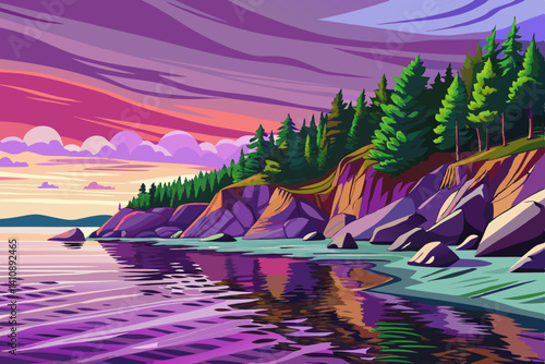 sunset of lake superior shoreline in northern michigan Shoreline, cartoon design illustration vector