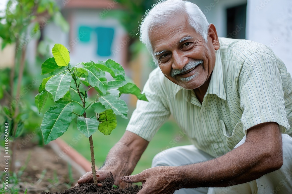 Happy senior man planting a sapling in his garden Happy senior man planting a sapling in his garden