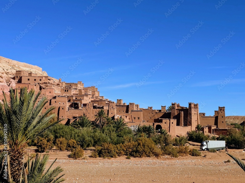 Ait Ben Haddou, in Morocco. Ancient Clay Village and Palm Tree Oasis Landscape
