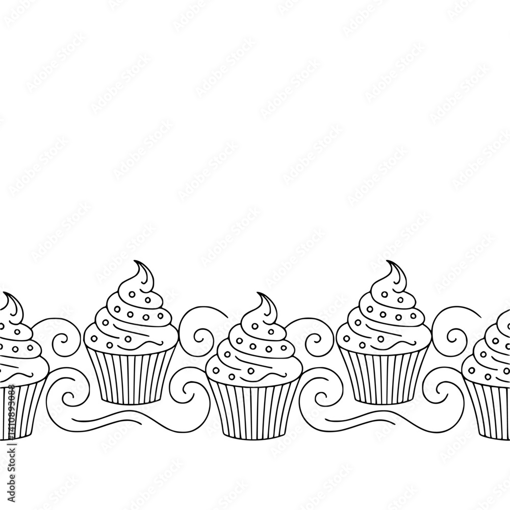 Cupcake Border: Hand-Drawn Black and White Dessert Pattern