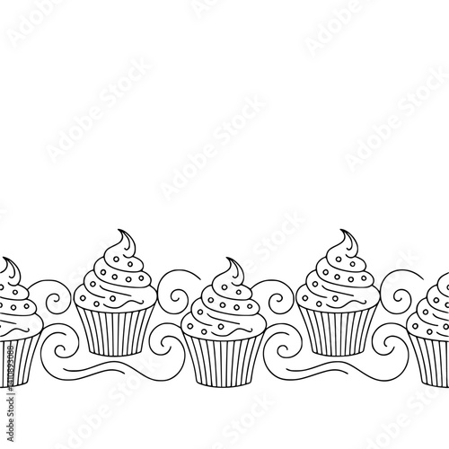Obraz na płótnie Cupcake Border: Hand-Drawn Black and White Dessert Pattern w salonie