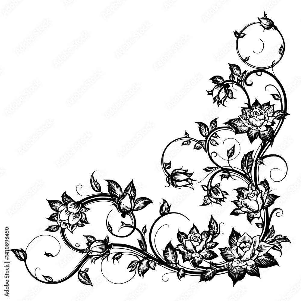 Fototapeta premium Elegant Corner Floral Ornament, Black and White Vector Design