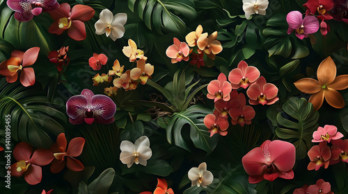 Wallpaper Mural Tropical orchid blossoms and lush foliage in a vibrant floral display. Torontodigital.ca