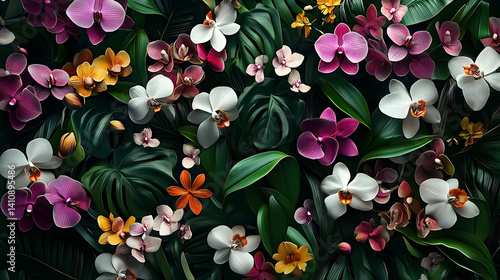 Wallpaper Mural Vibrant orchid blossoms and tropical foliage create a lush floral display. Torontodigital.ca
