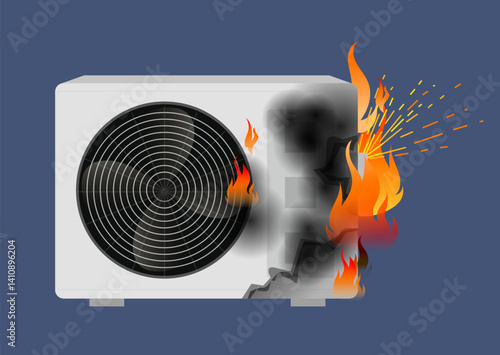 Air conditioner on fire, Illustration depicting a burning outdoor AC condenser
