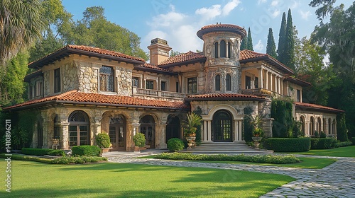 Wallpaper Mural Stunning Stone Mansion Exterior With Red Tile Roofs And Lush Green Lawn Photo Torontodigital.ca
