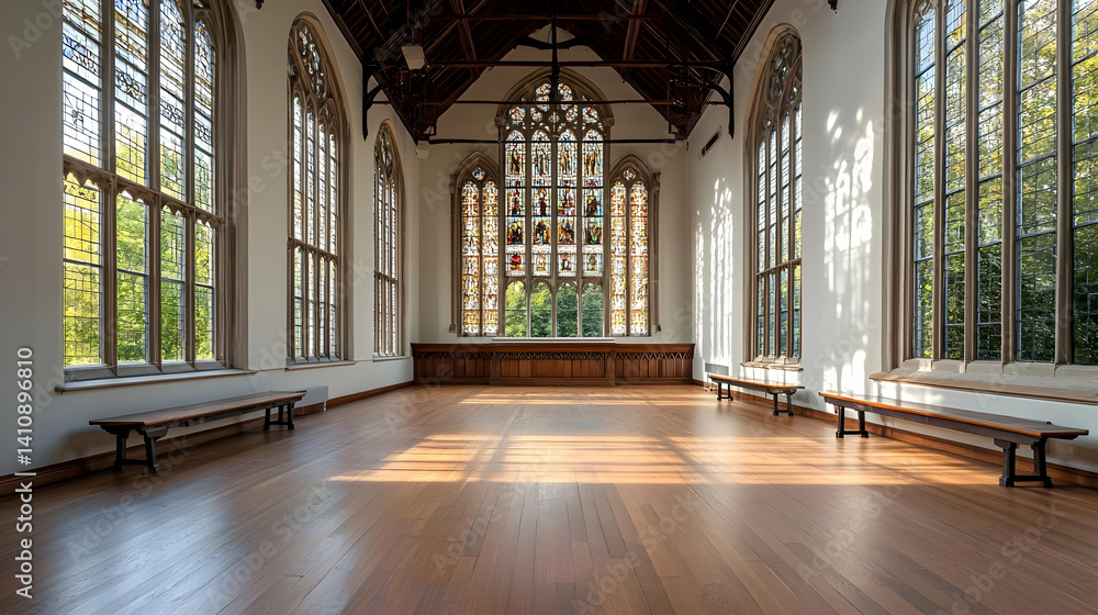 Fototapeta premium Spacious Grand Hall With Stained Glass Windows And Wooden Benches