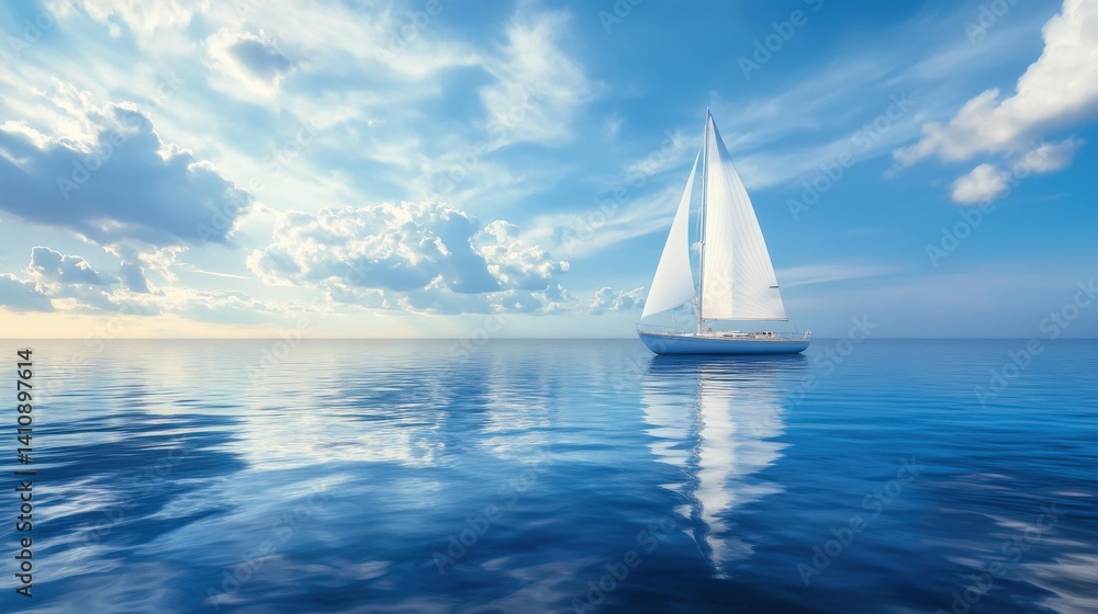 Obraz premium A beautiful white sailboat sails across a tranquil blue ocean under clouds