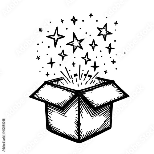 Hand-drawn open box icon with stars representing imagination surprise and creativity - concept of inspiration unboxing thinking fantasy possibility concept visual