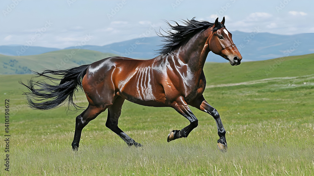 Running Horse In A Green Field Landscape Running Horse In A Green Field Landscape