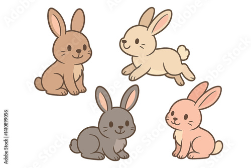 A collection of four cartoon rabbits in various colors and poses is set against a white background